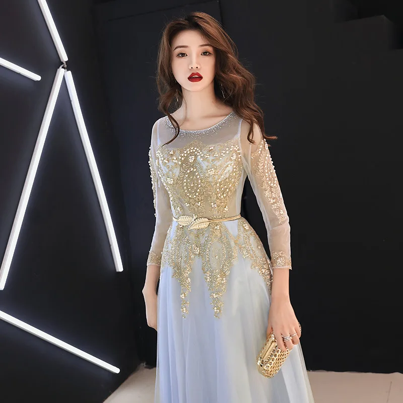 

Female Sweet Mesh Pleated Dresses Exquisite Appliques Diamonds Trim Long Banquet Gown Full Sleeve O-Neck Formal Party Dress