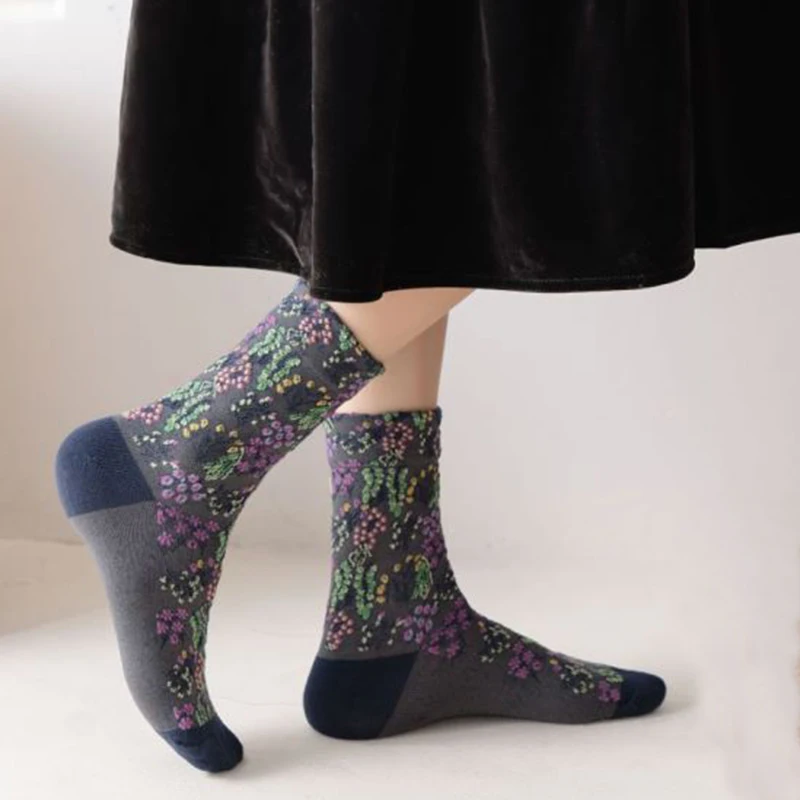 3 Pair Middle Tube Women Socks Set Harajuku Long Winter Warm Socks Cotton Fashion Kawaii Korean Style Print Flower Femme Socken