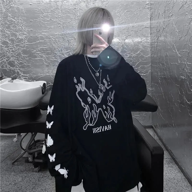 

Spring Autumn Harajuku Dark Funeral Flame Butterfly Print Long Sleeve T-shirt Sweatshirt Top Women streetwear clothes accessory
