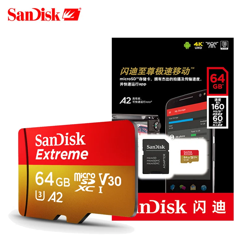 Sandisk Оригинальная карта памяти Экстрим Micro SD A2 A1 V30 U3 флэш 64 ГБ 32 TF 128 Microsd для