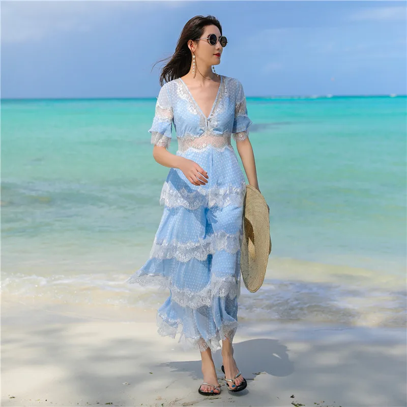 

Light Blue V-neck Lace Beach Patchwork Skirt Seaside Skirt Long Skirt Slim Super Fairy Sweet Dress Female Cascading Ruffle K002