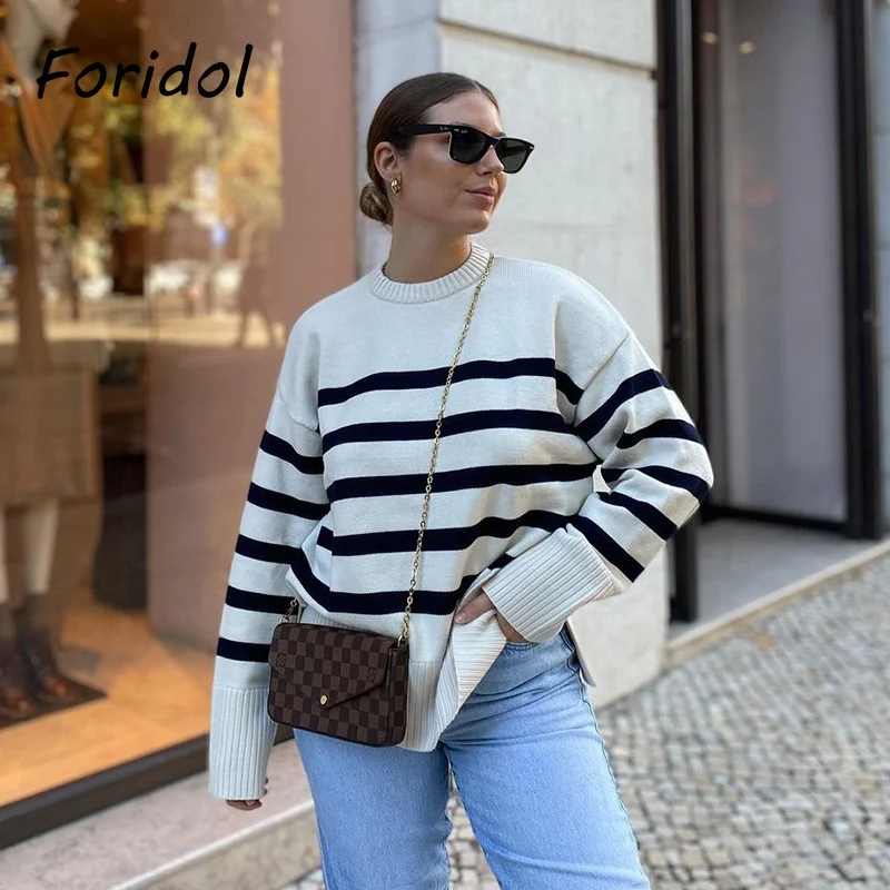 

Foridol O Neck White Black Striped Oversize Pull Femme Knitted Sweater Side Slit Casual White Sweater Thick Winter Women Jumper