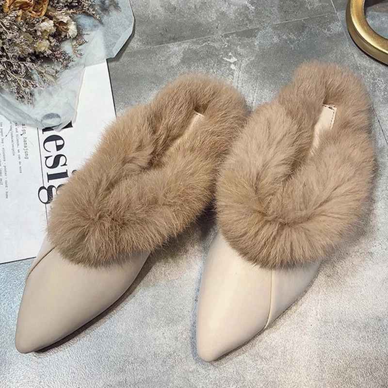 

Women Furry Slippers Autumn 2022 Fashion Pointed Toe Mules For Woman Ladies Warm Fur Casual Flats Women's Shoes Female Footwear