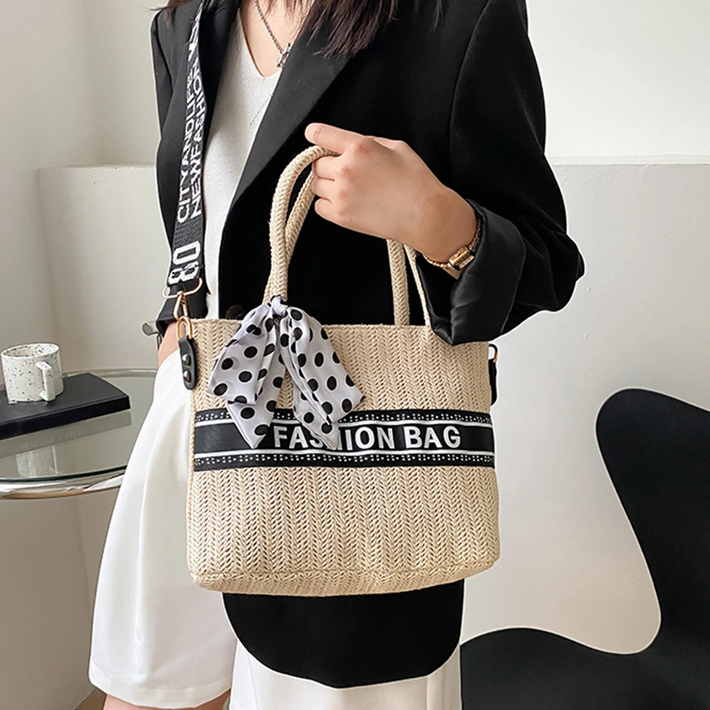 

Women Letters Print Woven Shoulder Bag Fashion Summer Silk Scarf Crossbody Bags Straw Women Hand-Woven Crossbody Handbag