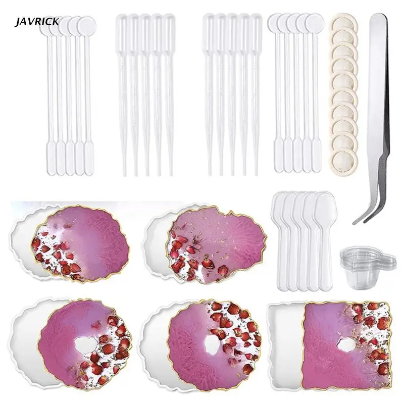 

56 Pcs/Set Agate Tray Silicone Mould Crystal Epoxy Resin Mold with Mixing Sticks for DIY Crafts Jewelry Plate Rolling Tray