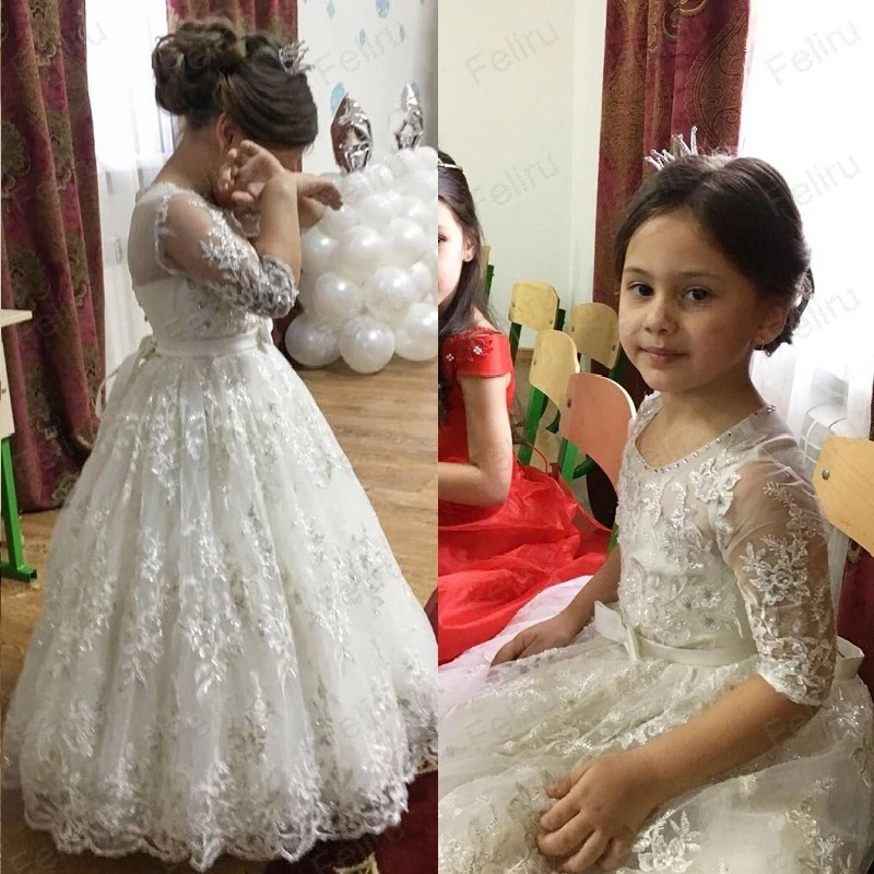 Кружевное платье с аппликацией в виде цветка для девочек детское праздничное