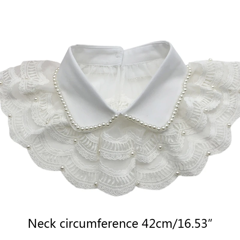 

Women Layered Pleated Lace Fake Collar Shawl Vintage Pearl Beading Lapel Half Shirt Blouse Decorative Necklace Poncho A20 21