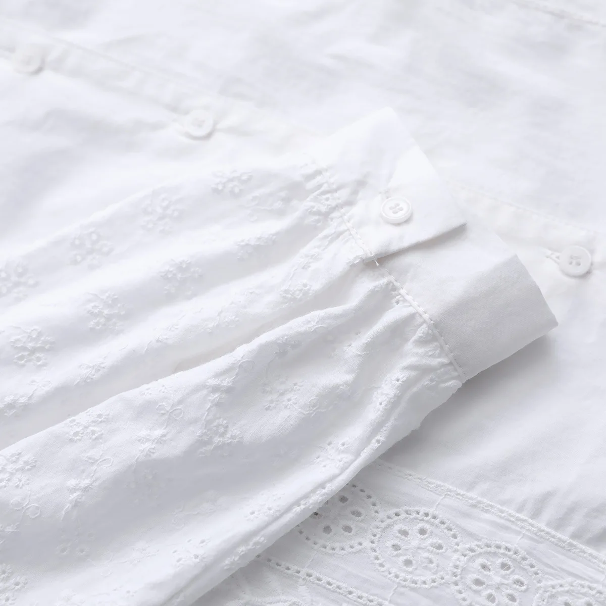 

Lace Eyelet Crochet Cotton Shirt Button Up Women Blouse With Wide Collar White