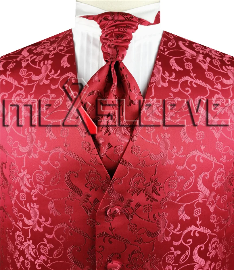 free shipping man's flower tailored tuxedo waistcoat set(vest+ascot tie+handkerchief - Цвет: red