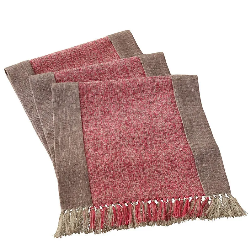 

Solid Color Household Tassled Bed Runner Table Towel Cotton Linen Double Layer Table Runner