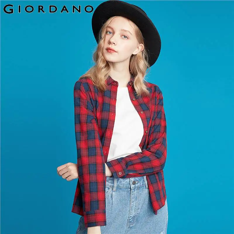 Giordano женская фланелевая рубашка с длинными рукавами из натурального