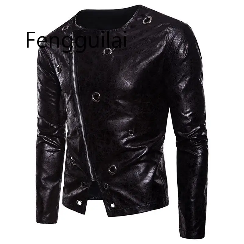

2019 Men's Leather Jacket Brand Male Punk Rock Motorcycle Jackets Autumn Casual Long Sleeve Printed Zipper PU Black Coats