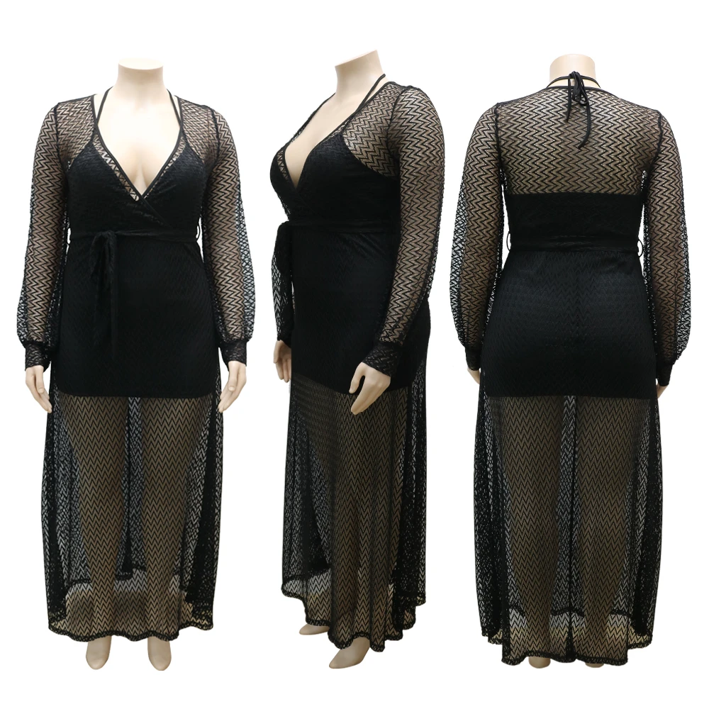 

Cy1491 European and American polyester net perspective sexy dress with suspender small vest women's large two piece set wholesal