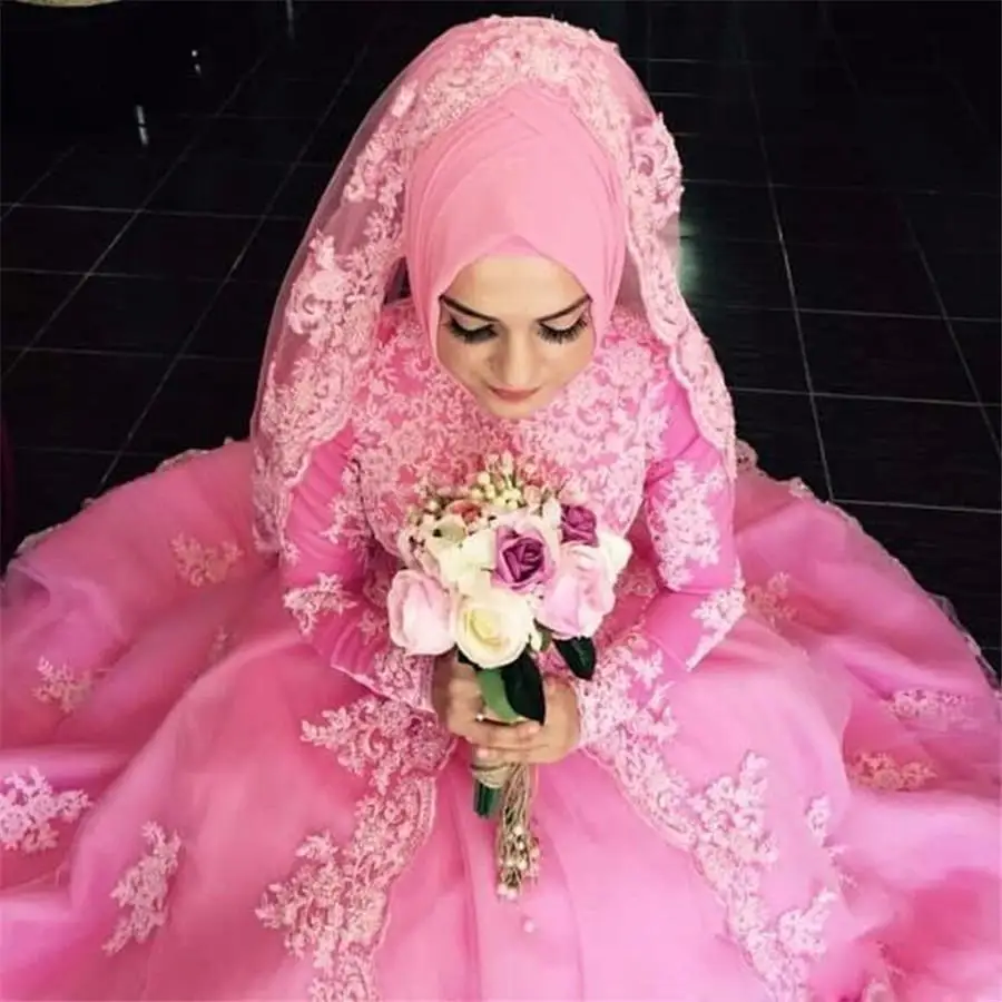 

Elegant Muslim Pink Plus Size Wedding Dresses Long Sleeves Appliques Lace Bridal Gowns Sweep Train A-Line Wedding Dress Vestido