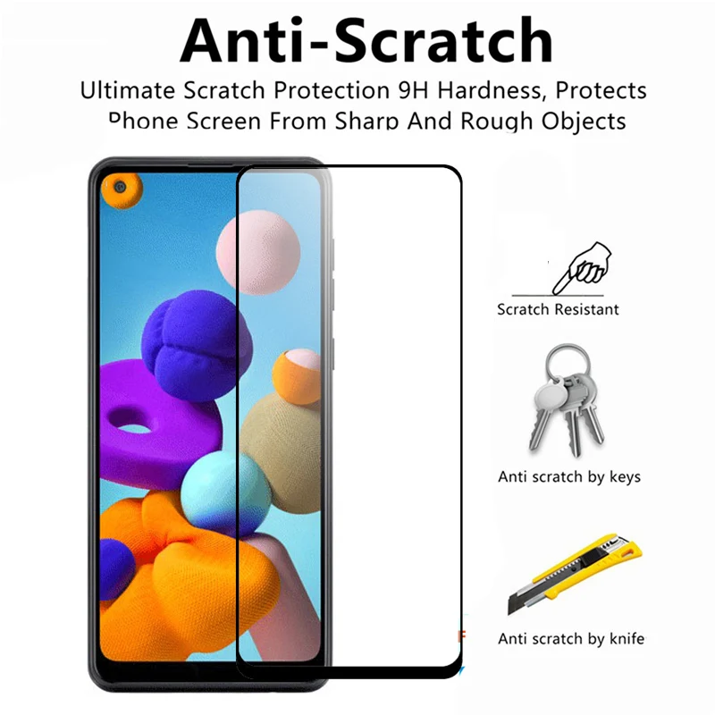 2 piezas de vidrio templado para Samsung Galaxy A21, Protector de pantalla de vidrio pegado completo para Samsung Galaxy A21 A215f/ds 3D, pel&iacute;cula de borde curvo-2