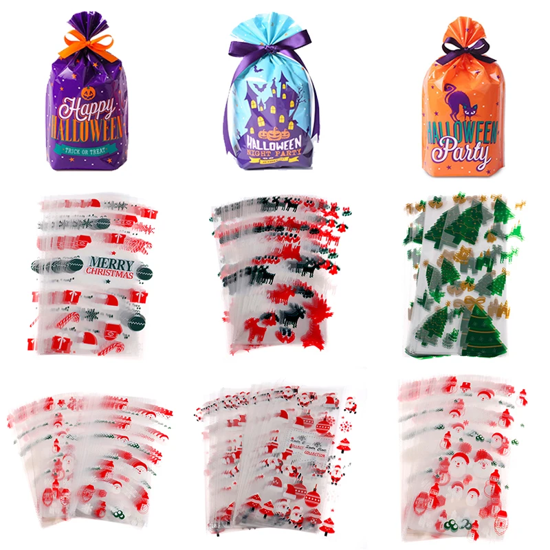 

50pcs Christmas/Halloween Plastic Gift Bags Cookie Candy Biscuit Packaging Bag Christmas Decoration Party Decoration Supplies