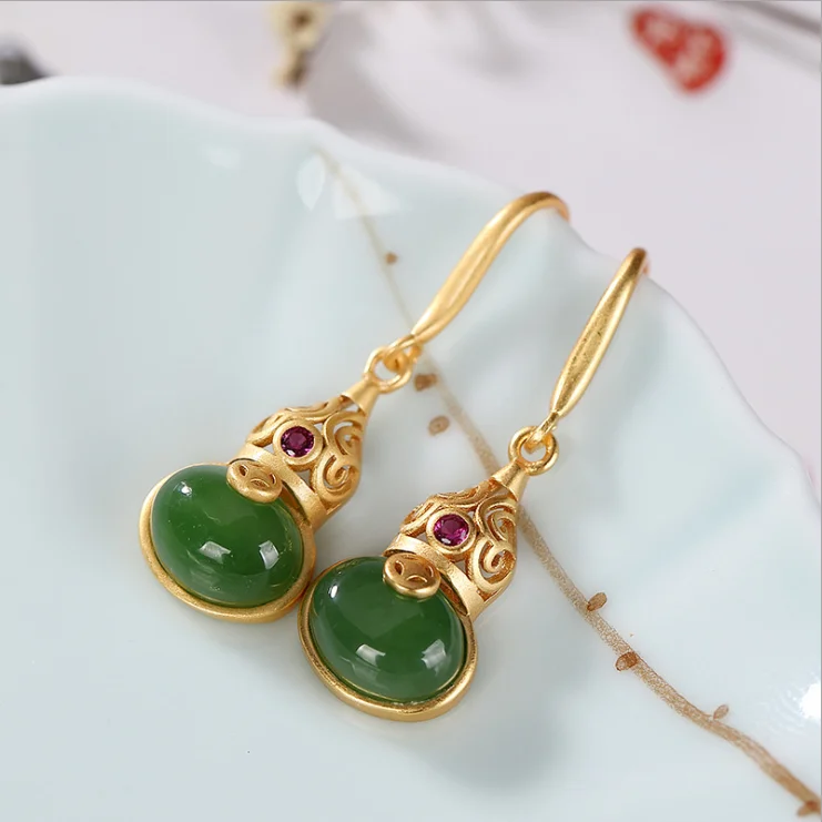 

Jasper Eardrops Gourd S925 Sterling Silver Ethnic Style Earrings Women's Retro Temperament Palace Antiquity Earrings Chinese Sty