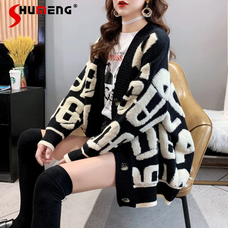 

Женский трикотажный свитер с буквенным принтом, однобортный Свободный кардиган с V-образным вырезом, осень 2021