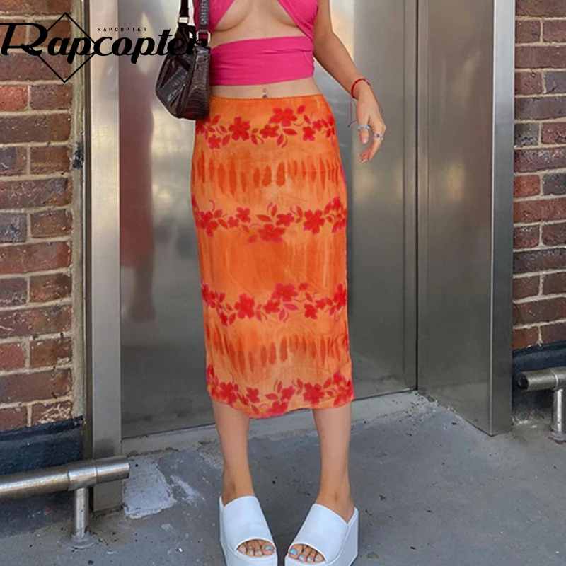 

Женская длинная юбка Rapcopter, оранжевая юбка с цветочным принтом, юбка до середины икры с оборками в пляжном стиле для лета, y2k