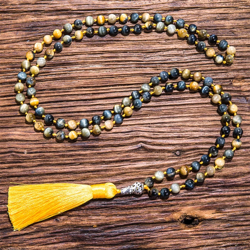 

8mm Natural Dream Tiger Eye Beaded Knot 108 Japamala Necklace Meditation Yoga Blessing Rosary Jewelry Buddha Head Pendant