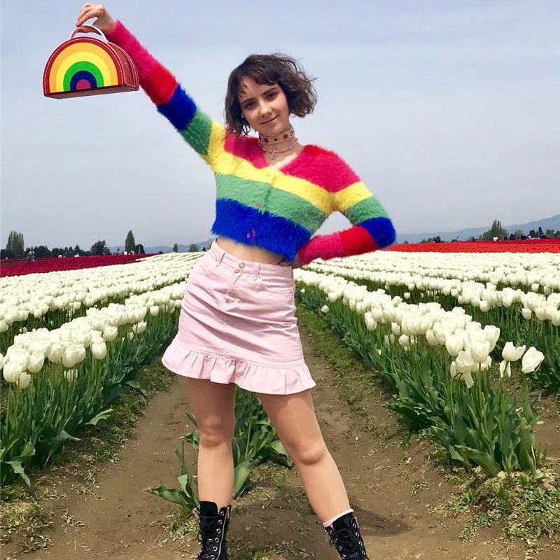 Ins стильный Радужный Укороченный кардиган женский свитер осень 2019 Harajuku Lazy Oaf
