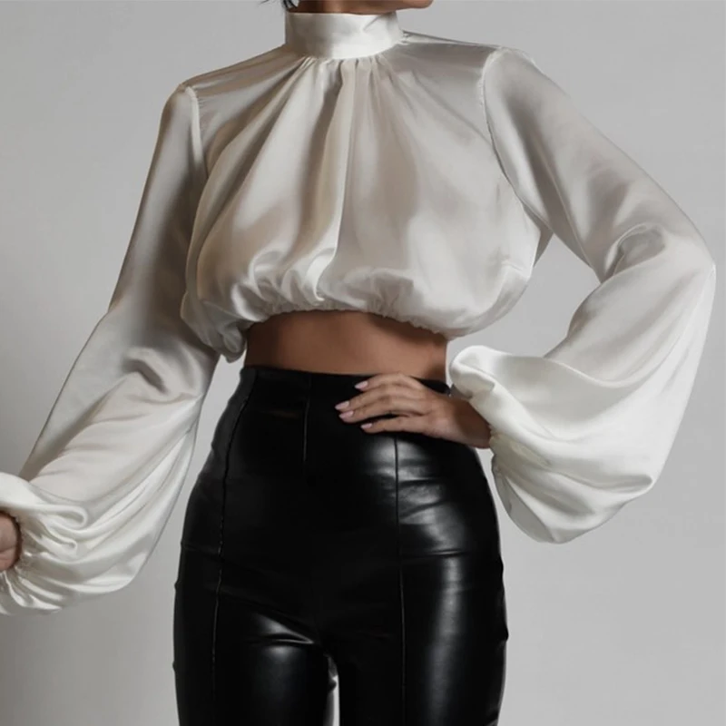 Fashion Elegant Puff Sleeve Satin Tshirt Women Turtleneck Office Ladies T-shirts Femme Pleated Slip Casual Tee Tops Cteandpsycho | Женская