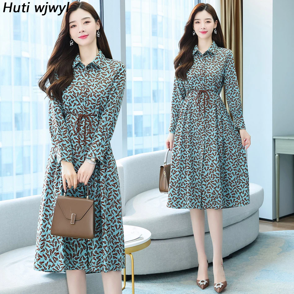 

Autumn Winter New Chiffon Casual Midi Dress Women Vintage Casual Shirt Dress 2022 Long Sleeve Elegant Bodycon Party Maxi Vestido