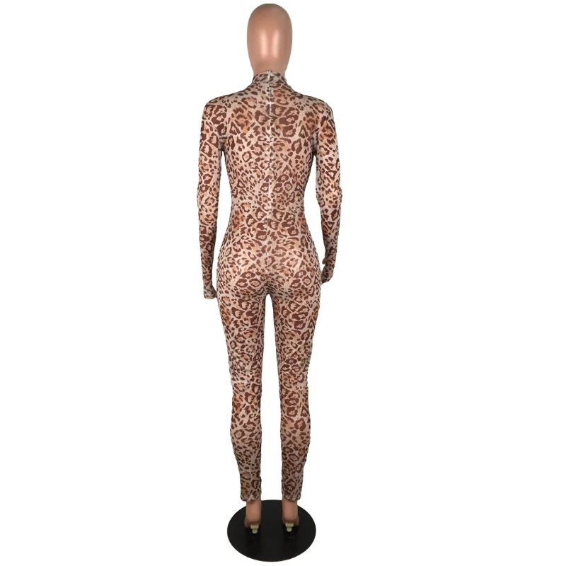 Сзади на молнии с длинным рукавом Леопардовый принт комбинезон Bodycon повязкой для