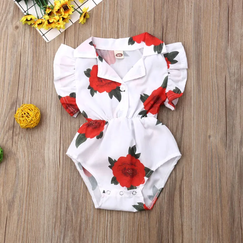 

Pudcoco 0-18M Romper Summer Newborn Baby Girl Clothes Rose Floral Print Ruffle Jumpsuit Playsuit Outfit Leotard Trousers