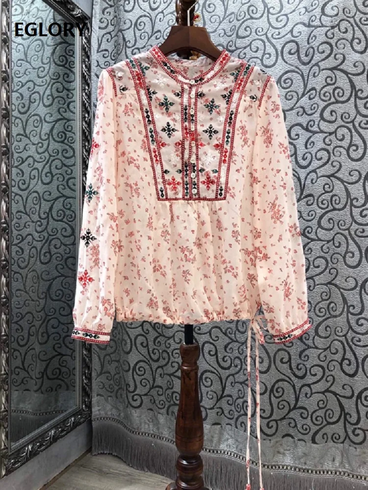 High Quality Designer Blouse Shirt 2022 Spring Women Sweet Little Floral Print Embroidery Long Sleeve Apricot Black Cotton Tops