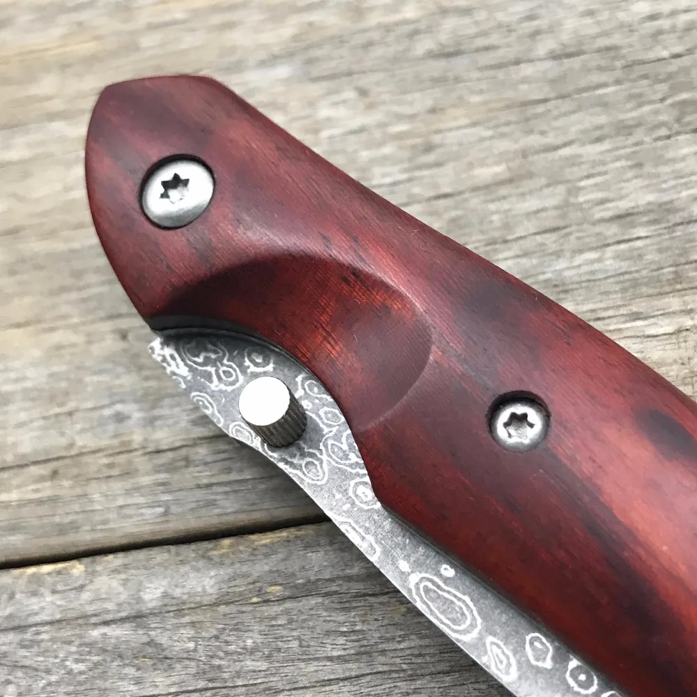 Складной охотничий нож LDT KW08 с Дамасским лезвием и деревянной ручкой |