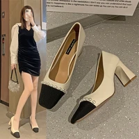 6 cm high quality fashion women high heels shoes square heel pointed toe elegant pumps beige apricot lady shoes