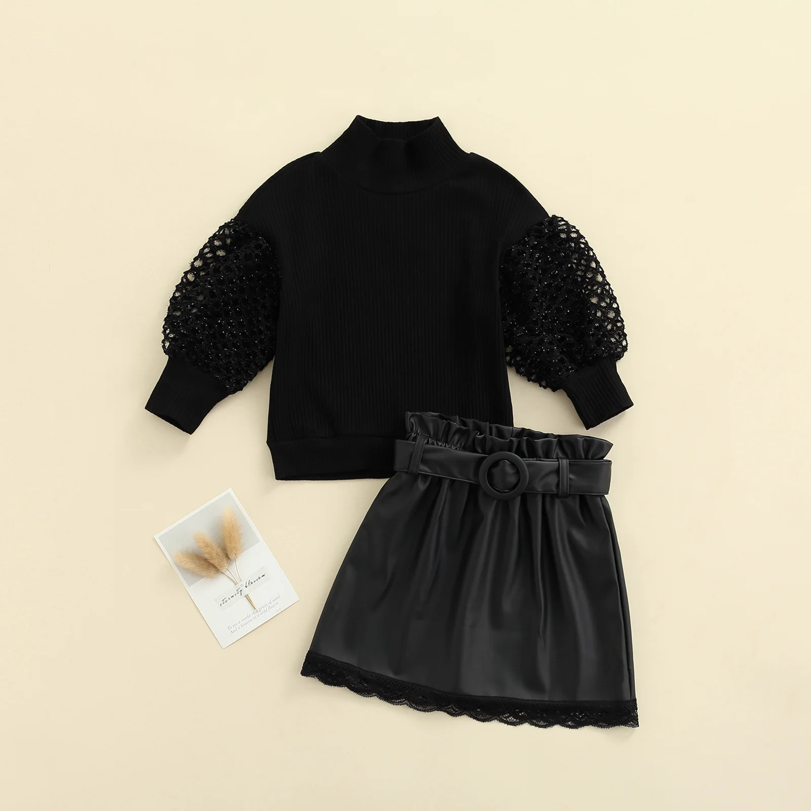 

2 шт., однотонный пуловер из искусственной кожи с рукавами-фонариками и высоким воротником