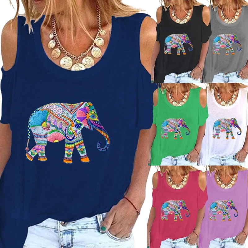 

Летние Новые Модные женские повседневные футболки с принтом слона, свободные футболки с открытыми плечами и круглым вырезом, женские топы с...