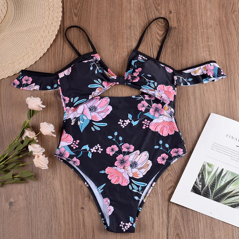 Hirigin High Wasit Sexy Flower One Piece Swimming Suit Women Swimweat 2020 New Hollow Out Ruffles Push Up Padded Bathing |