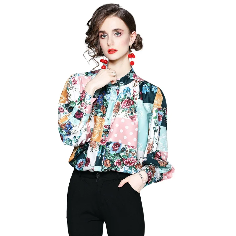 

Simgent Lanter Sleeve Women Blouse Long Sleeve Stand Collar Print Elegant Office Work Shirts Women-Clothing Blusas SG17212