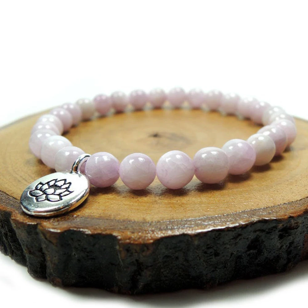 Wholesale Natural Kunzite Lotus Women`s Bracelet Gemstone Heart Chakra Mala Healing Energy Balance