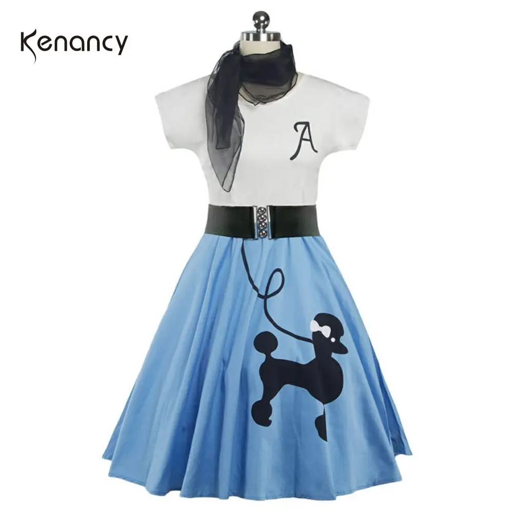 Kenancy 5 Colors Dog Print With Scarves Women Vintage Dress O-Neck Short Sleeve Swing Vestidos 50s Robe Female Casual | Женская одежда