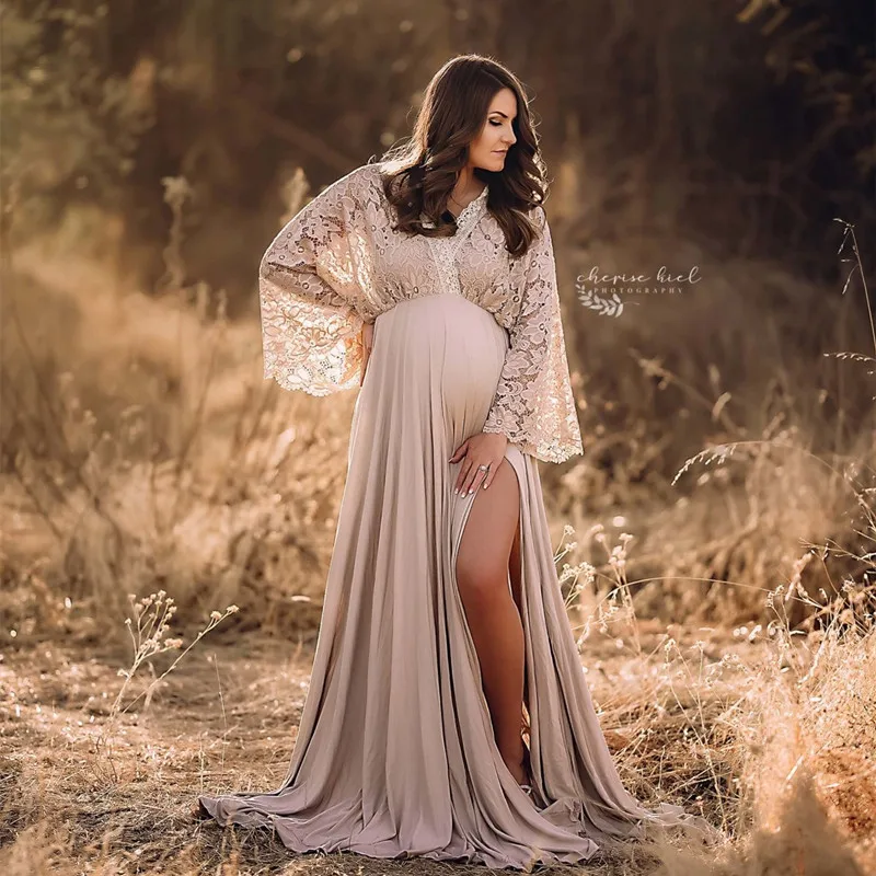 Boho Maternity Long Dress For Photography Baby Shower Jersey Dress Sides Slit Bohemian Maternity Photo Shoot Dress