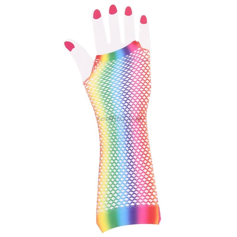 

Womens Girls Hollow Out Holes Gloves Rainbow Printed Fingerless Mesh Net Fishnet