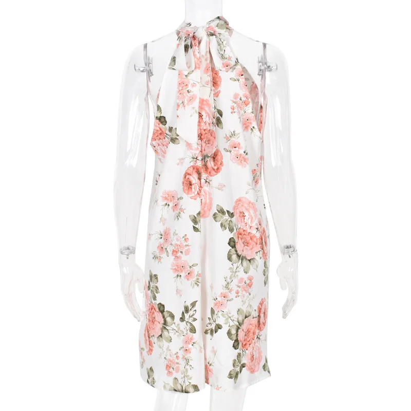 

Mandylandy Dress Summer Casual Sleeveless Stand Collar Halter Lace-up Backless Dress Women's Sexy Floral Print Loose Dress