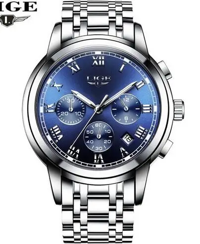Silver blue LIGE, новинка, часы для мужчин, люксовый бренд, хронограф, мужские спортивные часы, водонепроницаемые, все стали, кварцевые, мужские часы, Relogio Masculino+ коробка - Цвет: Silver blue