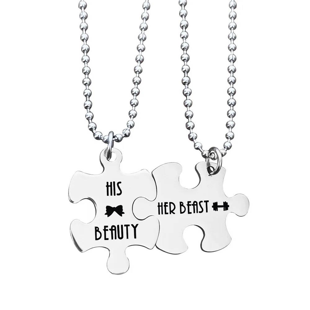 New fashion hot sale stainless necklace simple irregular lettering HER BEAST HIS BEAUTY tag white necklace trinket