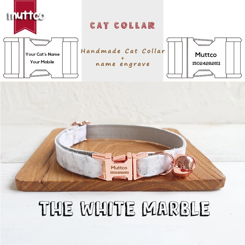 

MUTTCO with rose gold high quality engraved metal buckle collar for cat THE WHITE MARBLE design cat collar 2 sizes UCC085M