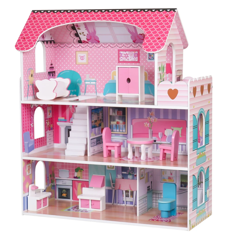 

Kid Doll house Three floors Large Children's Wooden Dollhouse House Play Pink with Furniture New Arrive