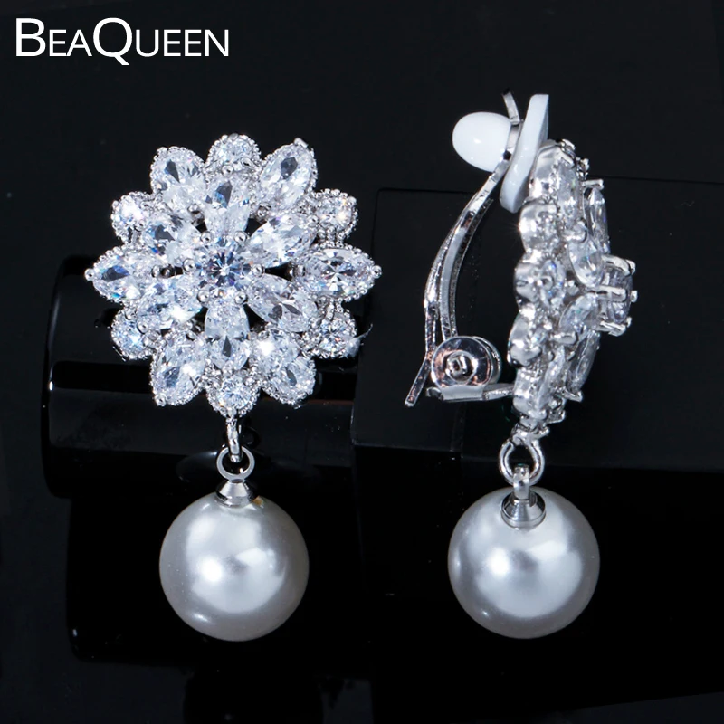 Женские серьги капельки BeaQueen с цветком из кубического циркония без отверстий
