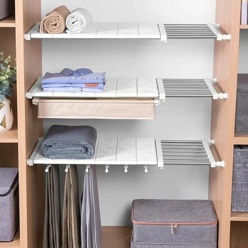 Stainless Steel Expandable Adjustable DIY Storage Organizer Rack Closet Tension Shelf for Garage Bathroom Kitchen Cabinet