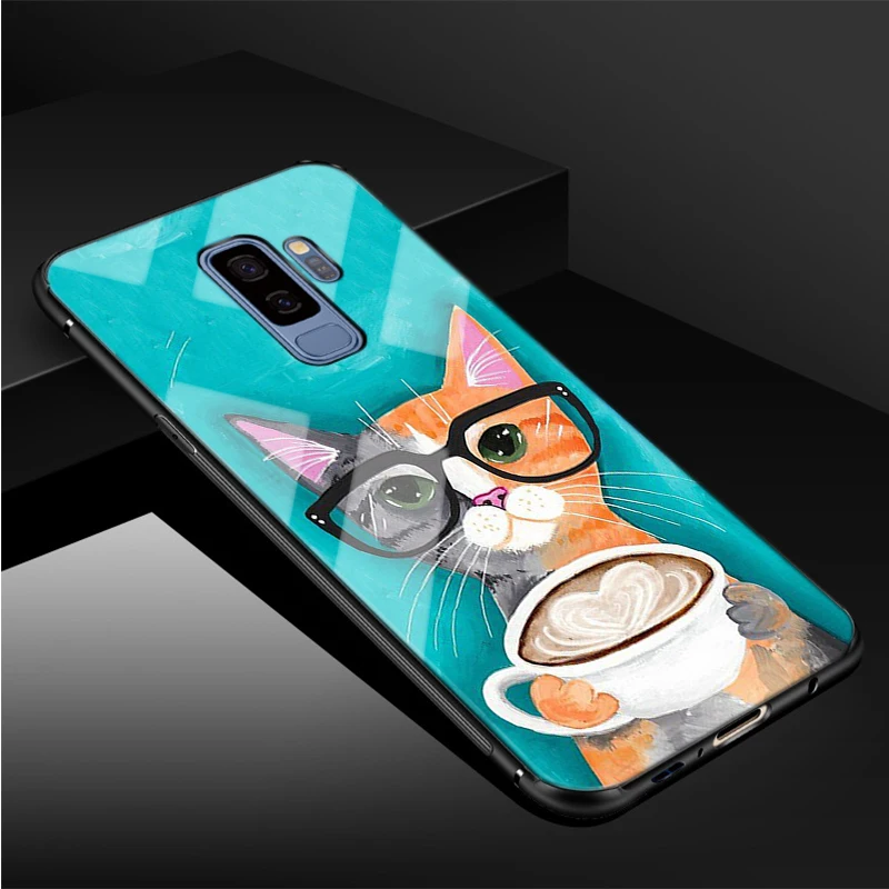 Cute Coffee Milk Cat Tempered Glass Phone Case For Samsung Galaxy S8 S9 S10 S20 PLUS J6 J8 2018 NOTE 8 9 10 Cover Shell | Мобильные