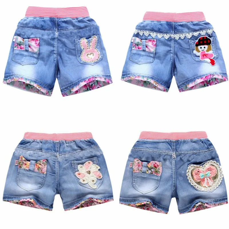 Джинсовые шорты для девочек летние модные милые с цветочным кружевом детские