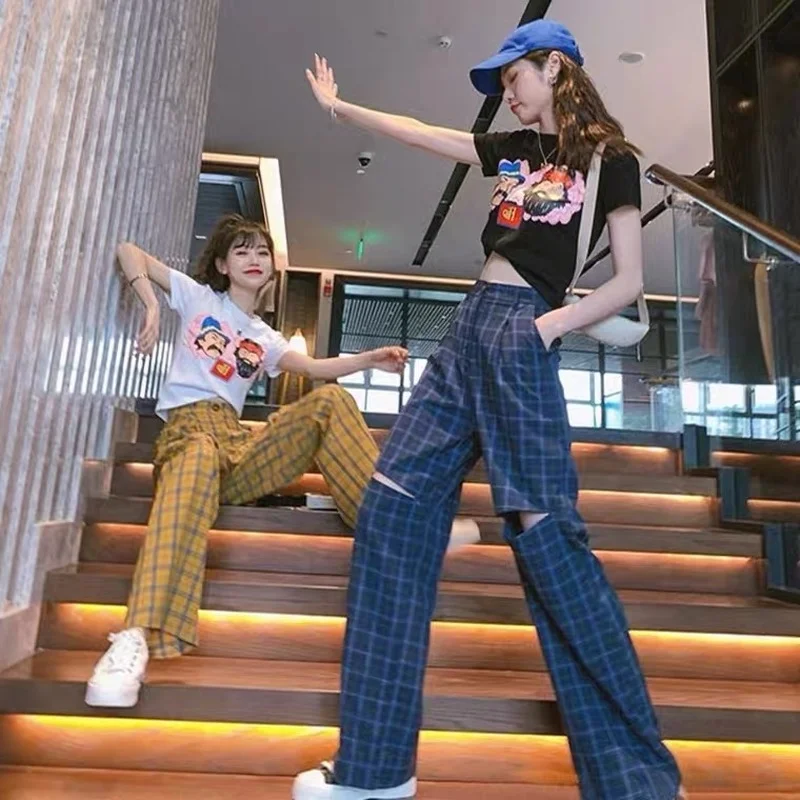 

HOUZHOU Plaid Pants Harajuku Vintage Korean Fashion Wide Leg Hole Trousers Women Loose Hollow Out Straight Casual Dropshipping